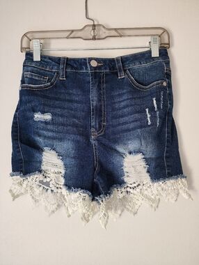 Francesca's Harper Heritage Distressed Lace Trim Denim Shorts - Size 28